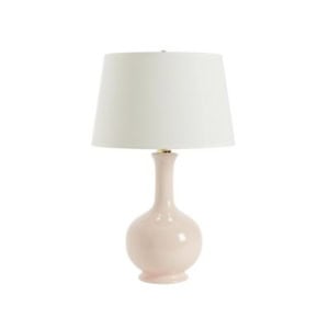 A table lamp with a glossy, pale pink ceramic base and a white, tapered lampshade—perfect for nightstand decorating.