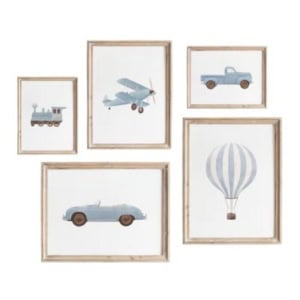Five framed prints feature illustrations of a blue car, airplane, truck, train, and hot air balloon against white backgrounds—perfect for adding charming amazon art to any room.