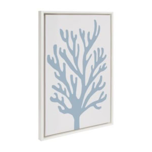 A framed artwork depicting a minimalist light blue coral silhouette on a white background, perfect for adding amazon art style to your home décor.