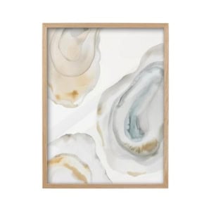 Framed abstract amazon art print featuring soft, organic shapes in neutral beige, gray, and blue tones with a light wood frame.