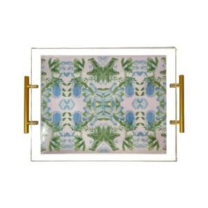 Rectangular serving tray with gold handles and a symmetrical blue and green watercolor pattern on a white background, perfect for nightstand decorating or adding elegance to any room.