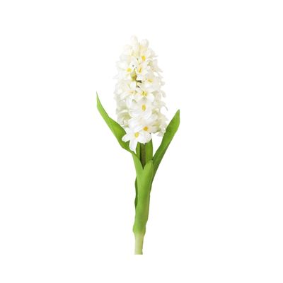 A single white hyacinth faux flower against a white background.