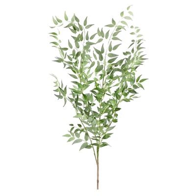 A faux flower greenery branch on a white background. 