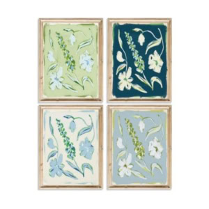 Set of four framed floral paintings, each featuring abstract flowers and leaves on green, dark blue, cream, and light blue backgrounds—a perfect addition to your amazon art collection.