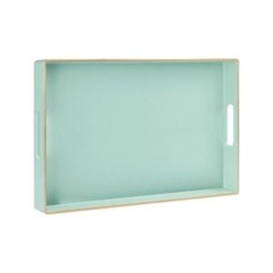 Rectangular, light blue serving tray with raised edges and cut-out handles on the shorter sides, perfect for nightstand decorating, set against a white background.
