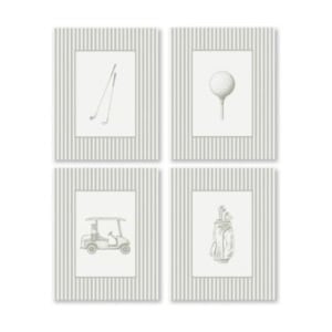 A set of four framed prints featuring minimalist drawings of golf clubs, a golf ball, a golf cart, and a golf bag, each with a striped border—perfect Amazon art for any golfer's space.