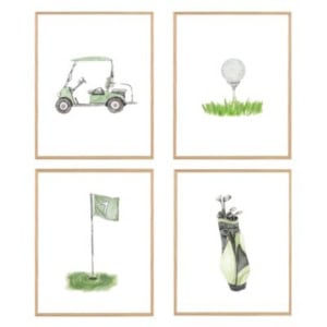 A set of four framed illustrations featuring a golf cart, a golf ball on a tee, a golf flag, and a golf bag with clubs—perfect amazon art for any golf enthusiast’s space.