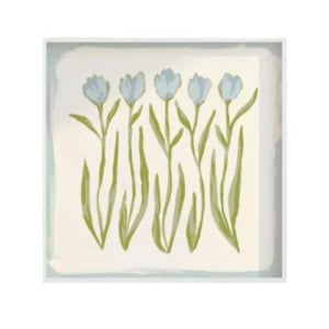 A simple painting of five blue tulips with green stems and leaves on a light background in a white frame, perfect for adding amazon art style to any space.