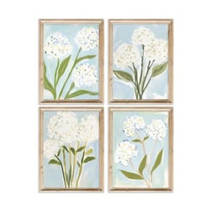 A set of four framed floral paintings, each depicting white flowers with green stems and leaves against a light blue background—perfect for adding a touch of amazon art charm to any space.