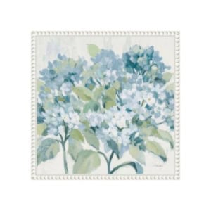 Painting of blue and white hydrangea flowers with green leaves, set against a light background and framed with a decorative white border—perfect for adding elegance to your space. Discover similar amazon art pieces to complement your decor.