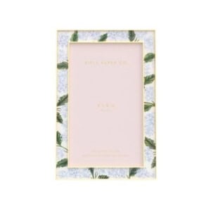 A rectangular photo frame with a gold border and a leaf pattern on a light blue background, displaying a placeholder card inside—perfect for nightstand decorating.