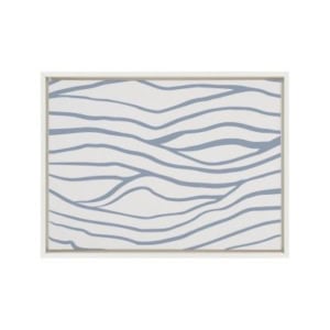 A rectangular framed artwork from amazon art features abstract wavy blue lines on a white background.