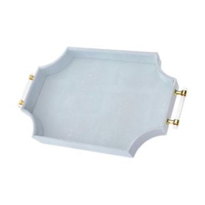 Rectangular white serving tray with a textured surface, raised edges, and gold-accented white handles—perfect for nightstand decorating or stylishly organizing essentials.