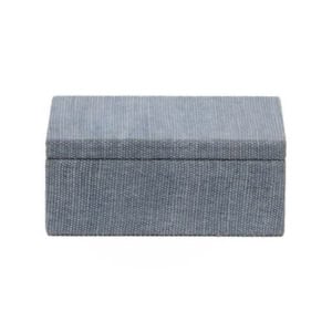 A rectangular, closed, grey fabric storage box viewed from the front against a white background—perfect for nightstand decorating and keeping essentials neatly organized.