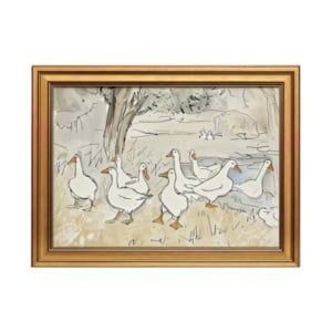 Framed amazon art depicting a group of geese standing and walking near a pond, with trees and grass in the background.