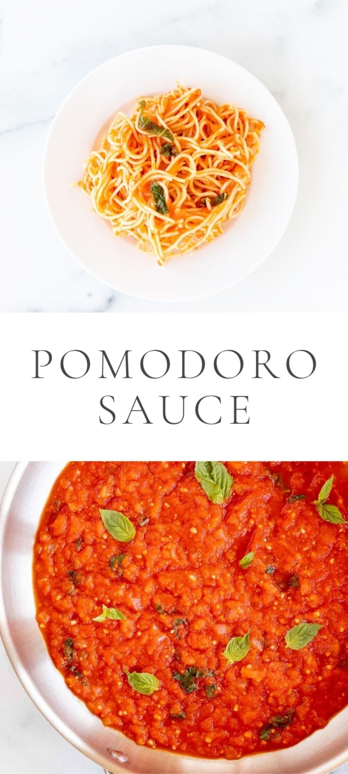 pasta in white plate with pomodoro sauce in big pan
