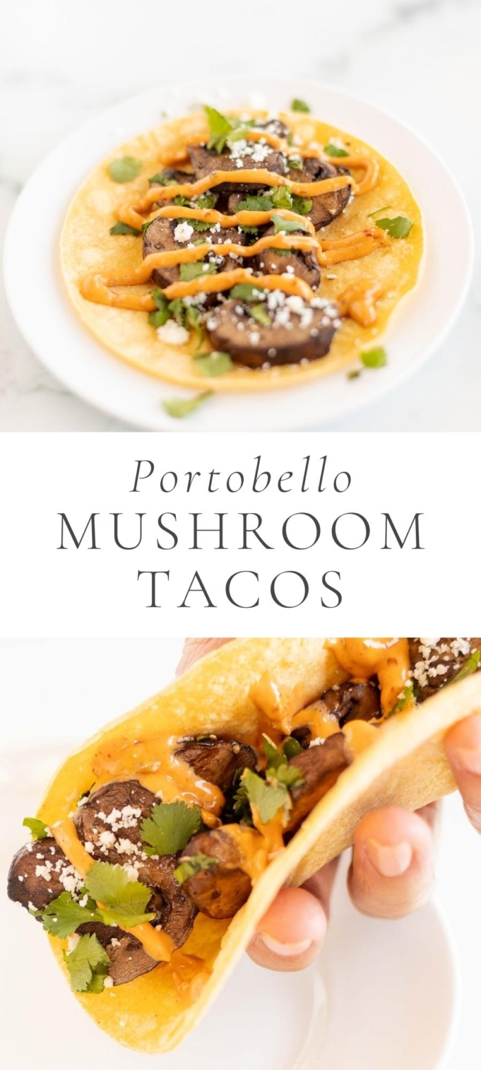 portobello mushroom tacos with sauce and vegetables in tortilla in white plate