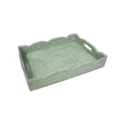 Rectangular woven rattan tray in light green with scalloped edges and cutout handles—perfect for nightstand decorating or adding a stylish touch to any room.
