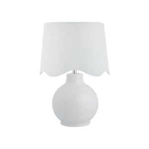 White table lamp with a round base and a scalloped white lampshade, perfect for nightstand decorating, photographed against a plain white background.