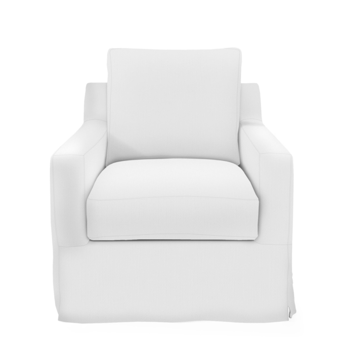 A white slipcovered serena and lily chair
