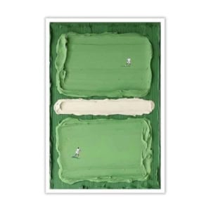 A stylized tennis court with thick green and white paint layers, inspired by amazon art, featuring two small illustrated tennis players in action on opposite sides of the net.