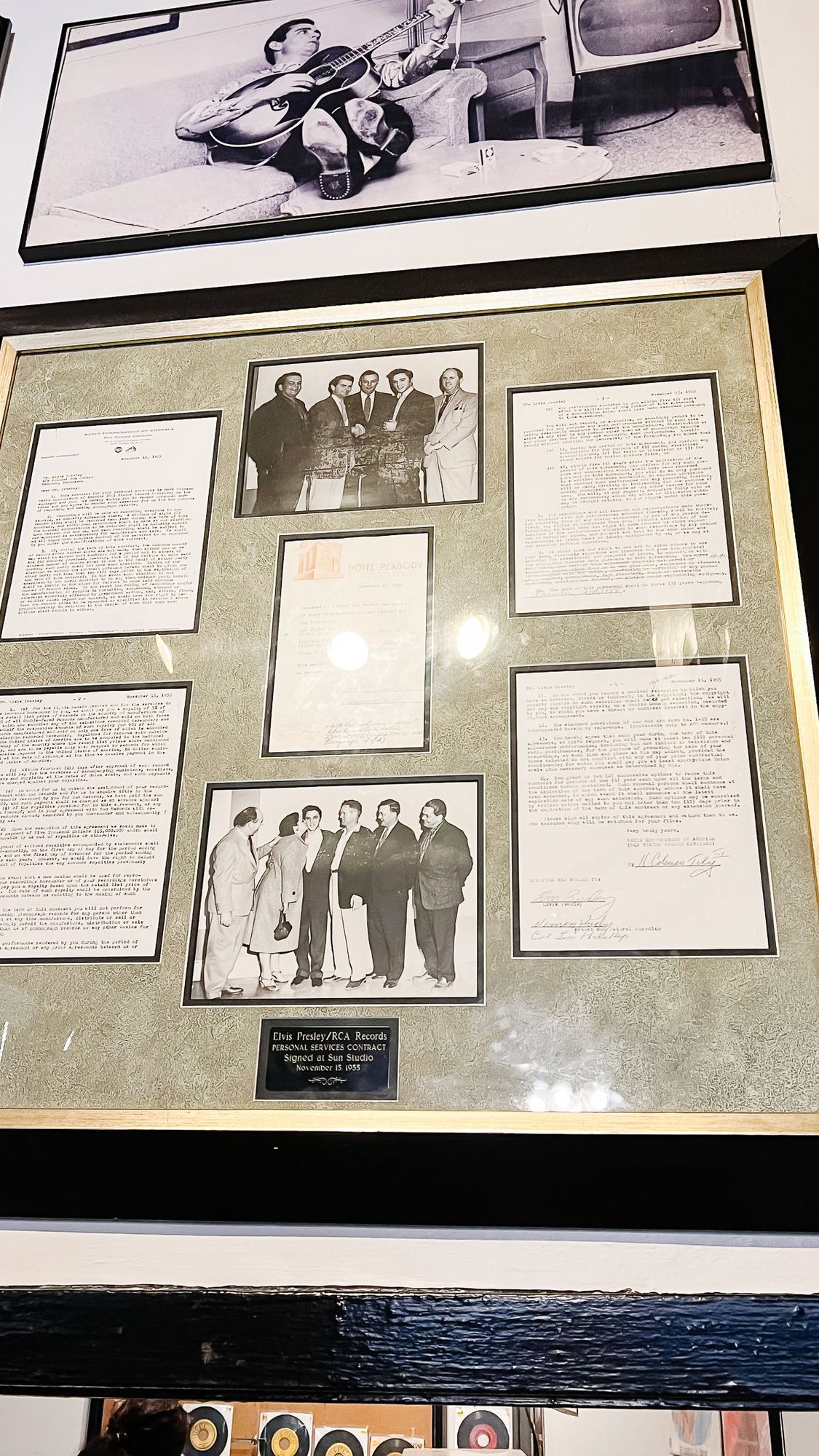 A set of music history photos framed in a museum in Memphis