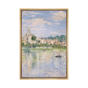 Impressionist painting of a riverside town with a church, houses, and trees, reflected in the water under a partly cloudy sky. A beautiful example of amazon art capturing serene natural beauty and peaceful reflections.