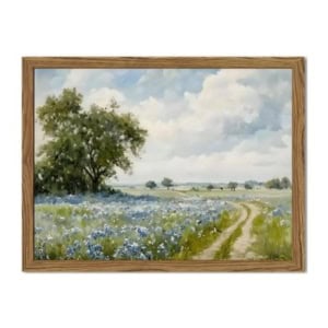 Painting of a rural landscape with a dirt path winding through blue wildflowers, a large tree on the left, and a partly cloudy sky, beautifully enclosed in a wooden frame—perfect for adding Amazon art charm to any room.