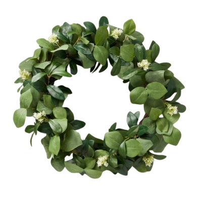 Year-round eucalyptus wreath with white flowers for front doors.