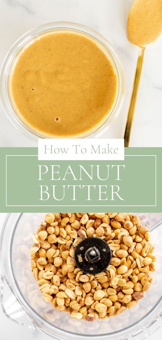 On a marble counter top, there is a blender of peanuts and a clear jar of Homemade Peanut Butter and a golden spoon.
