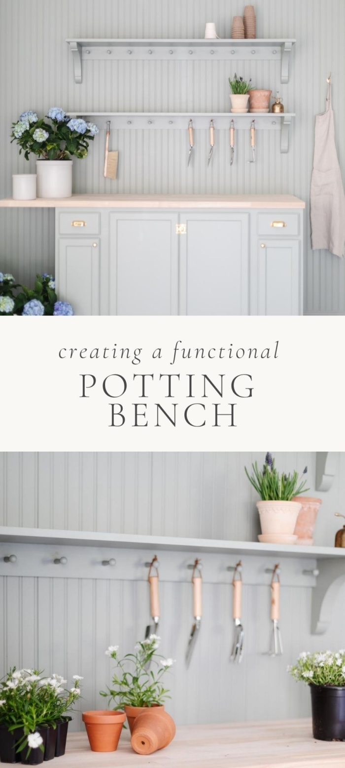 potting bench with plants and gardening tools