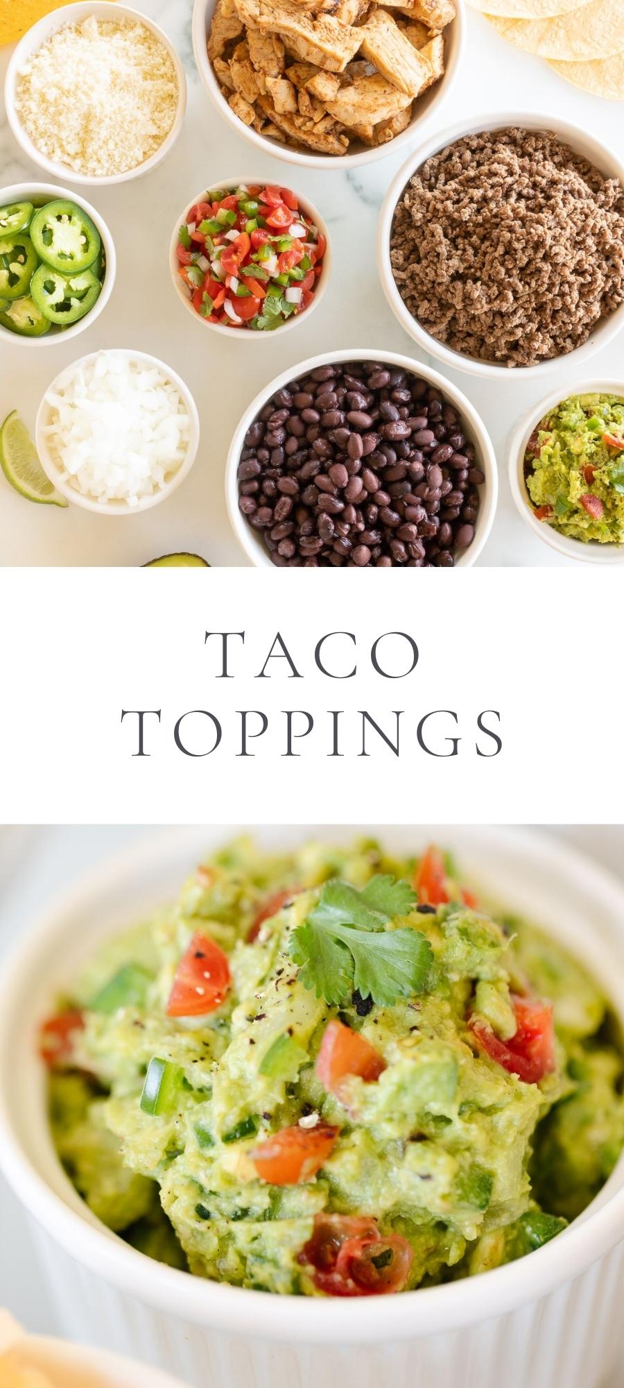 taco toppings in bowl with guacamole beans pepper onions and avocado