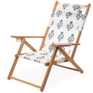 blue and white block print folding chair