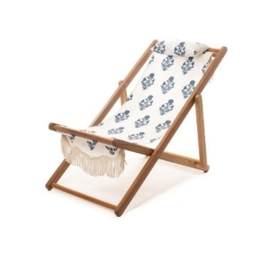 wood and block print fabric folding beach chair