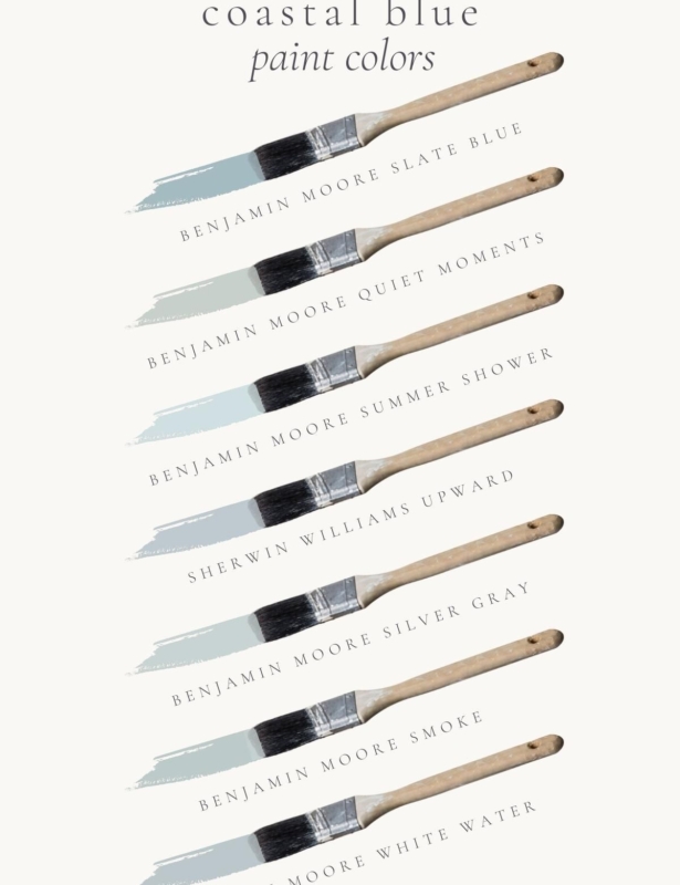A graphic with paint brushes showcasing an array of coastal blue paint colors