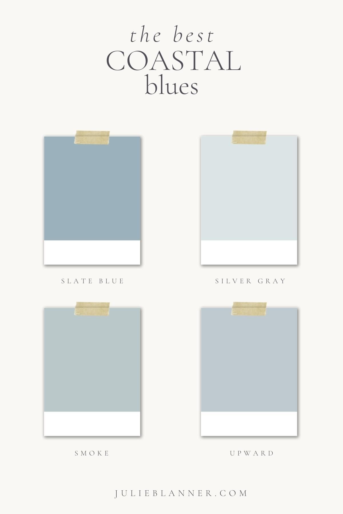 A graphic featuring four paint swatches with coastal blues