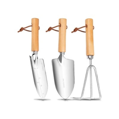 A set of 3 garden tools with wooden handles