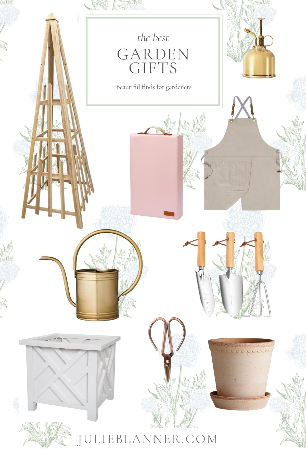 A graphic image featuring a variety of the best garden gifts from www.julieblanner.com