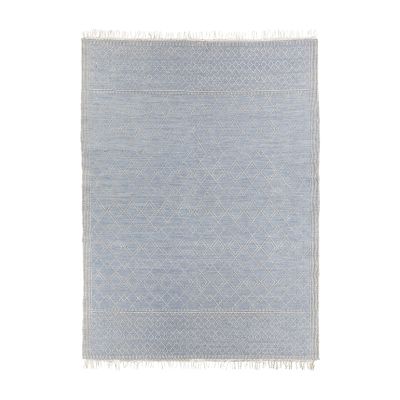 A blue indoor outdoor rug on a white background.