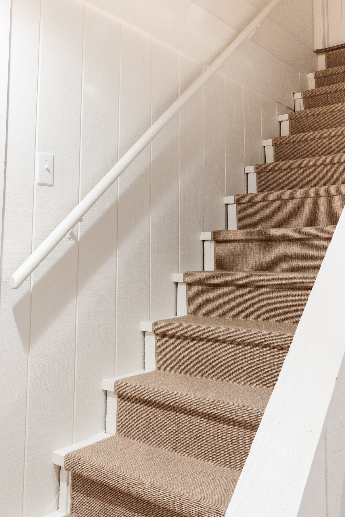neutral stair runner on white painted basement stairs