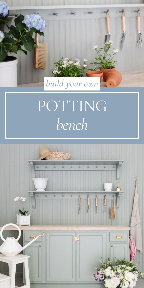 A light green potting bench with shelves, gardening tools, potted plants, and decorative items arranged neatly against a beadboard wall—perfect inspiration for stylish potting benches in any garden space.