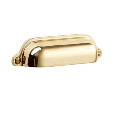 Polished brass cup pull handle with two screw holes, designed for drawers or cabinets—ideal for adding a touch of elegance to potting benches.