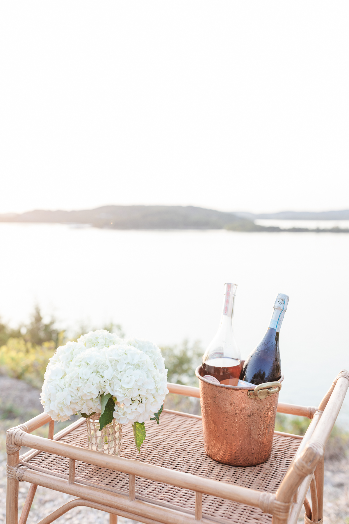 a rattan bar cart with a champagne bucket and fresh flowers, a lake in the background
