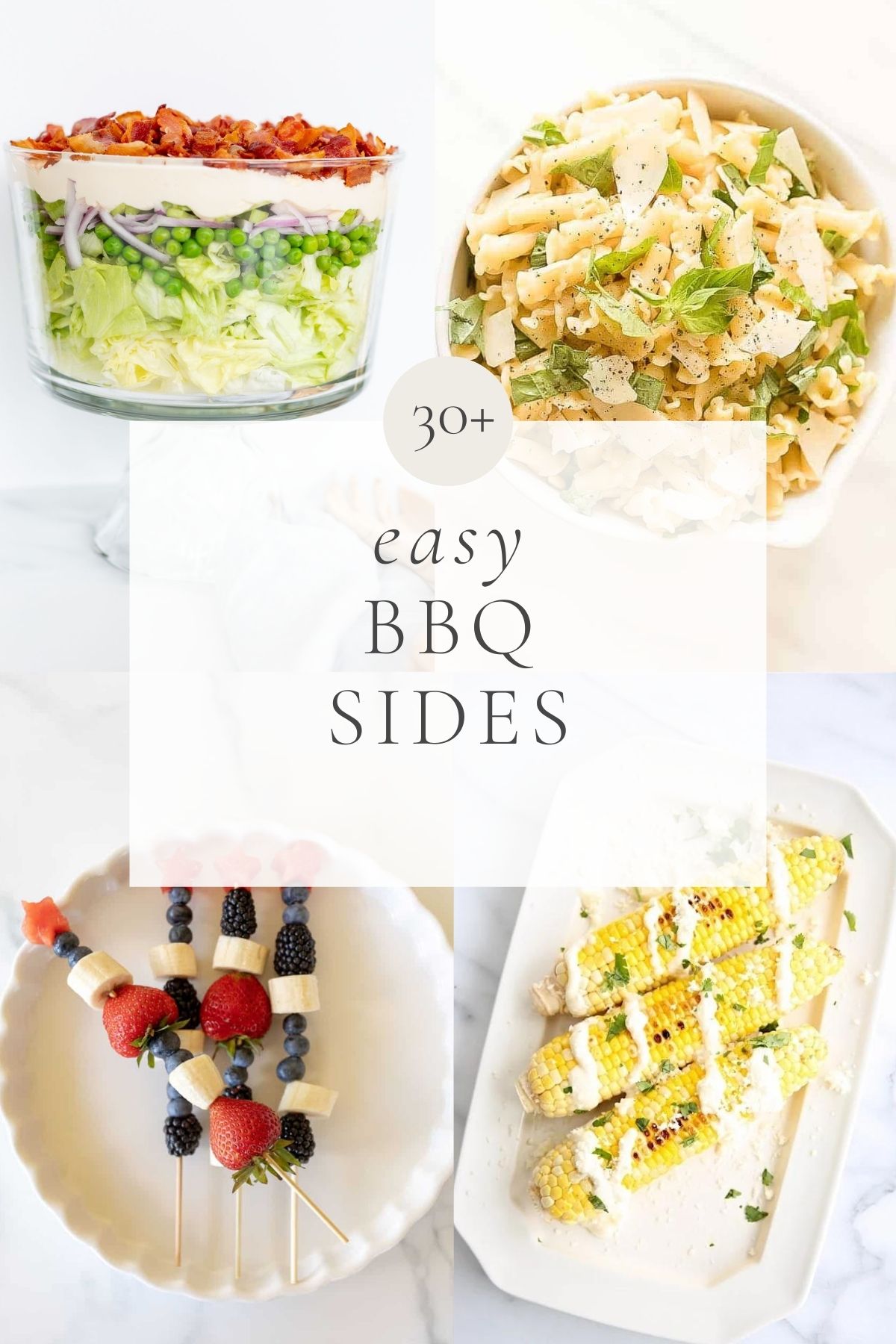 A graphic with photos of different side dishes, title reads 30+ easy bbq sides