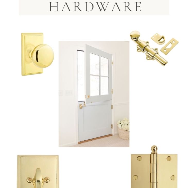 A graphic with the title of "the best Dutch Door Hardware" and several images of brass hardware surrounding a blue door