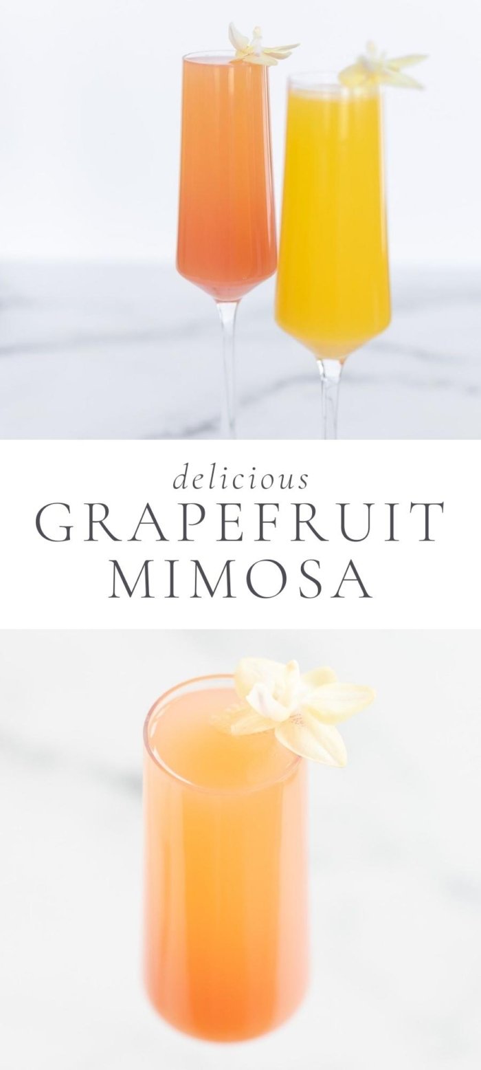 grapefruit mimosas in glasses with flower decoration on table