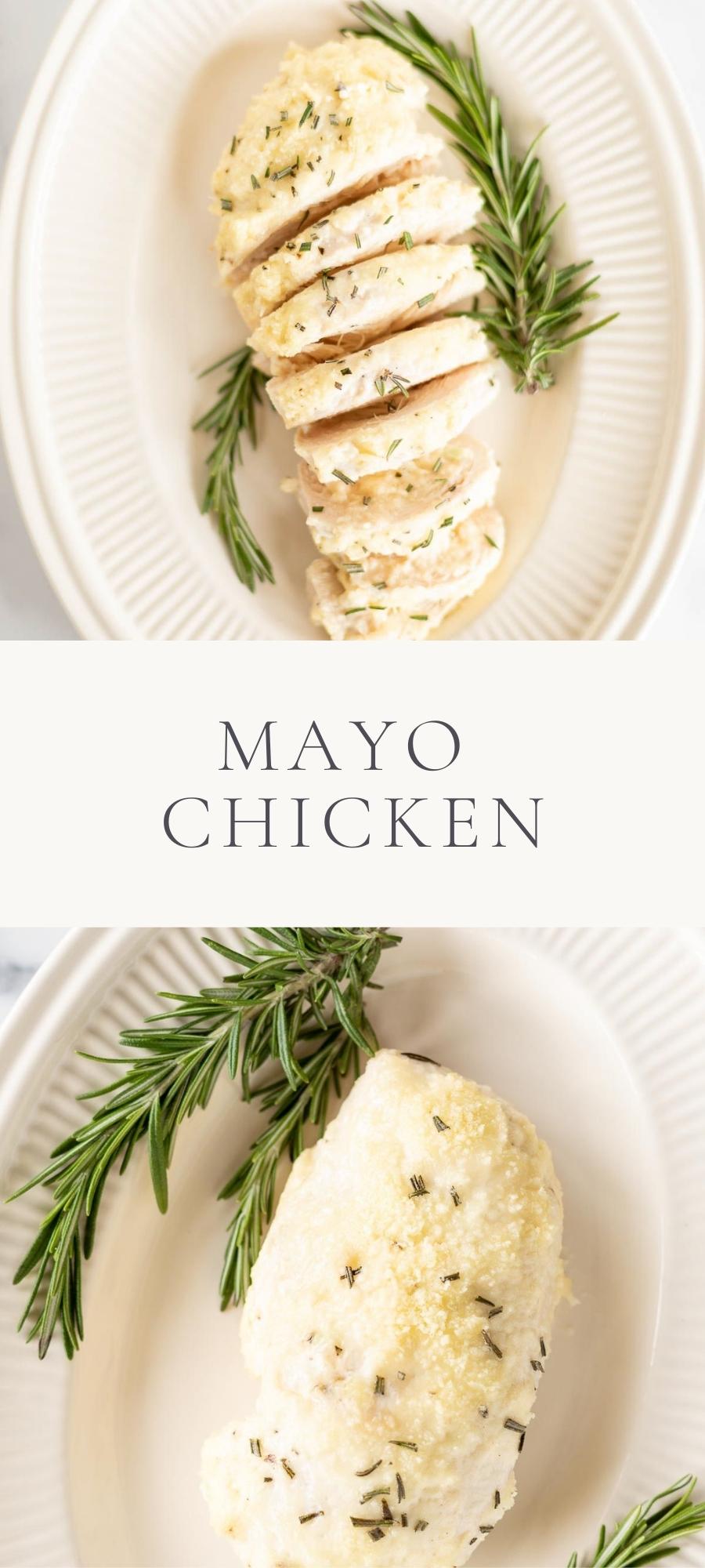 mayo chicken with green herbs on plate