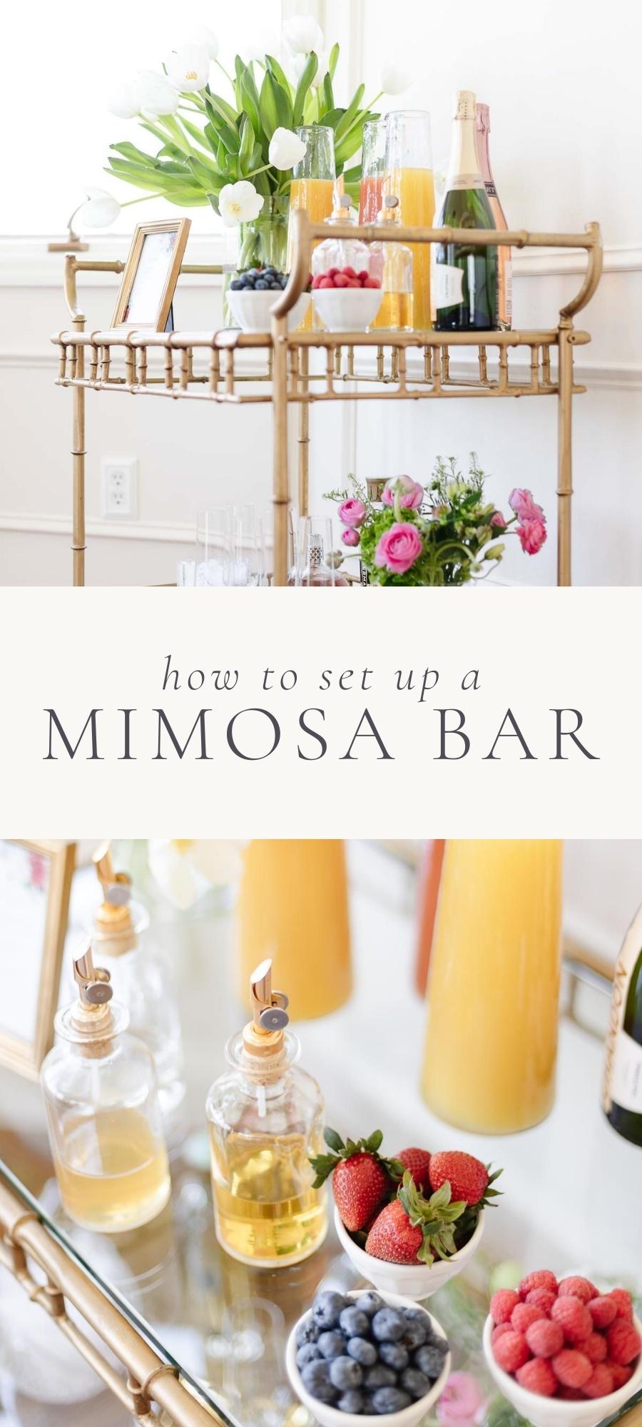mimosa bar with drinks fruits in bowls flower plants champage and glasses