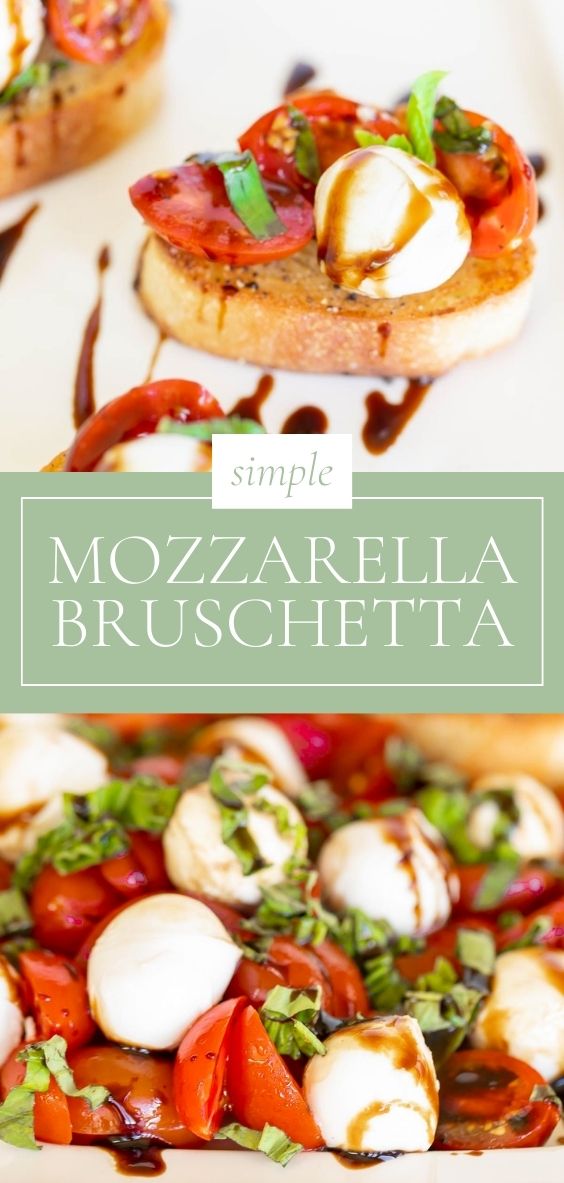 Bruschetta Mozzarella on crostini, drizzled with balsamic on a white platter.