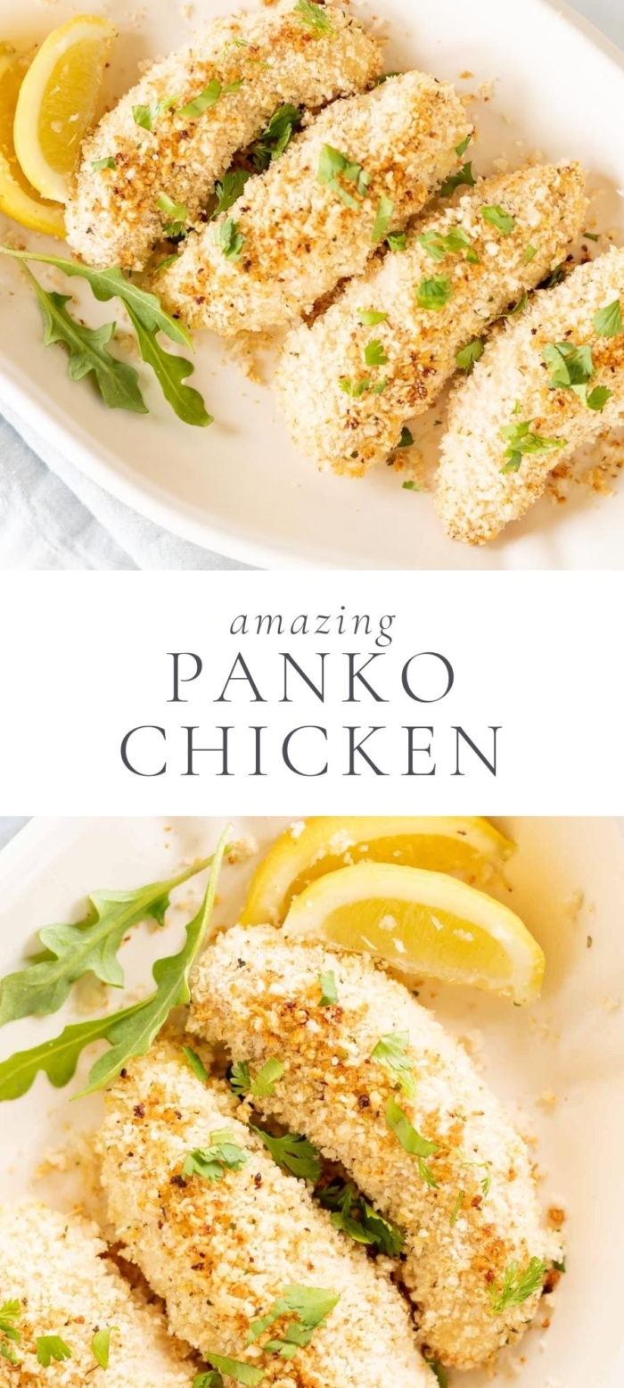 Panko chicken with lemon and seasoning on plate